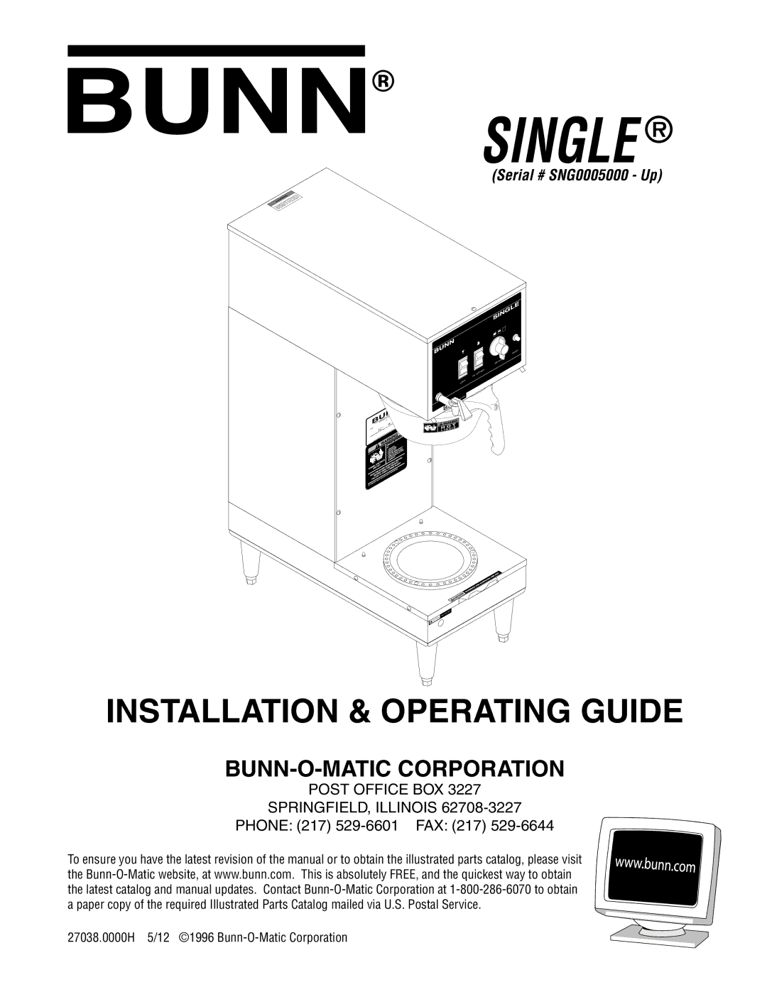 Bunn 270380000H manual Single  